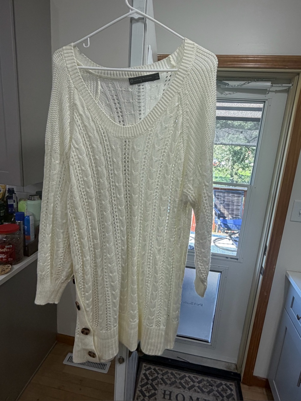 Fashion to Figure Cream Cable Knit V-Neck Sweater Tunic with Side Buttons